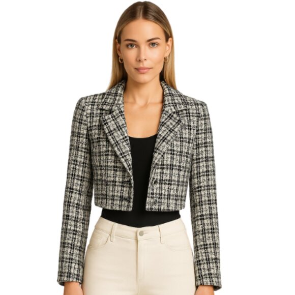 F21 Black and White Cropped Tweed Career Jacket NWT Size Medium - Picture 1 of 3